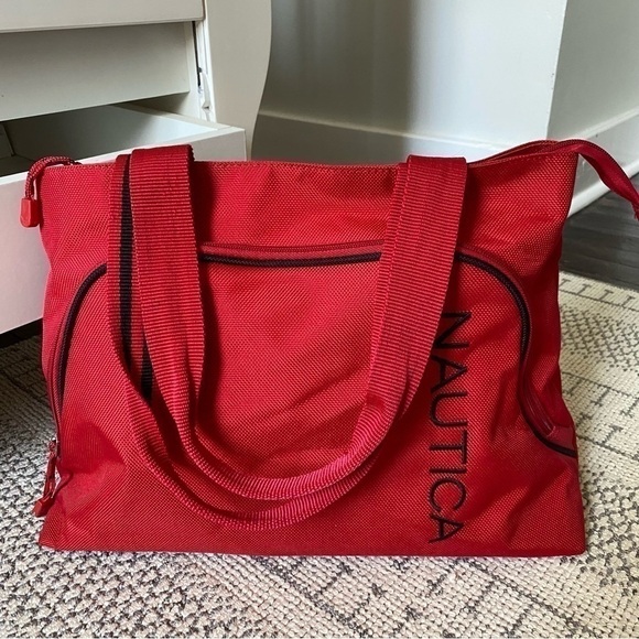 NAUTICA Red Large Canvas Tote Travel Overnight Bag - Picture 2 of 7